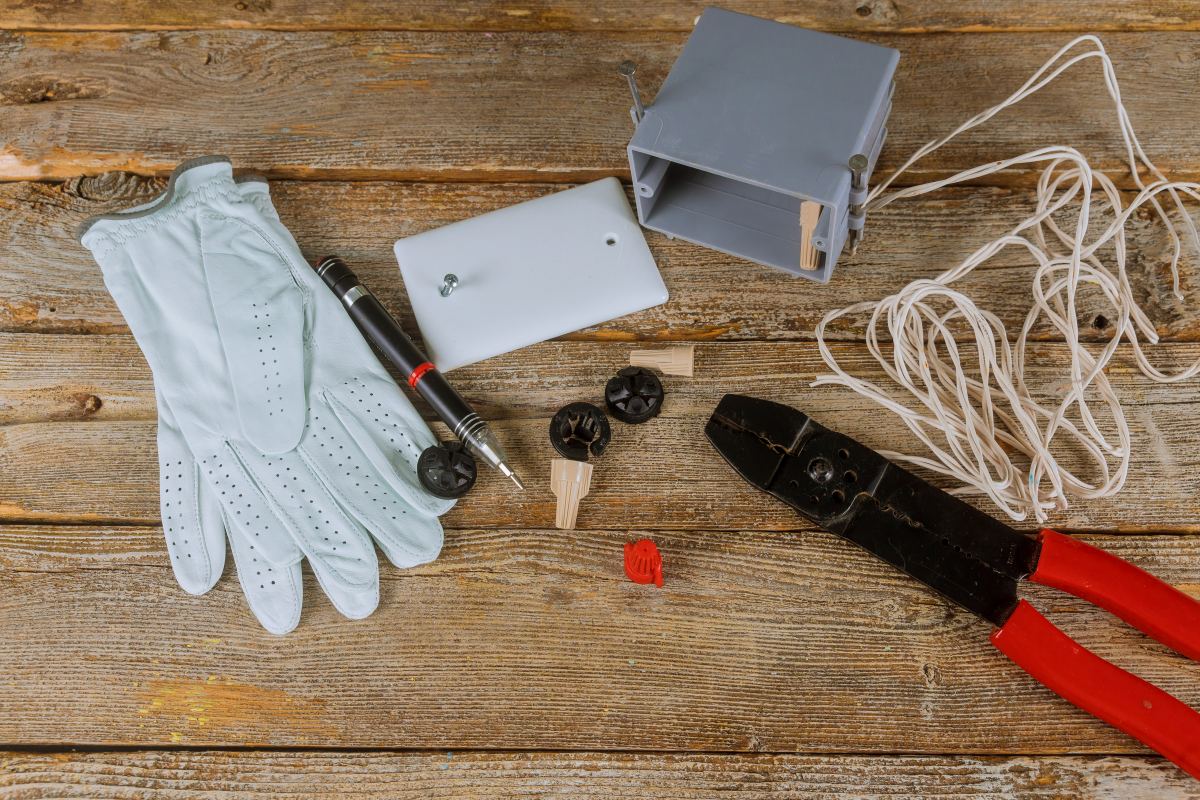 na stole drewnianym lezą rękawiczki, przewody i narzędzia elektryka